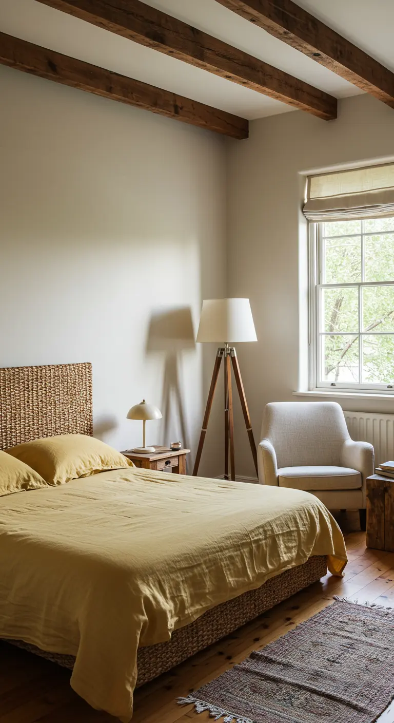 Bedroom with a woven seagrass headboard, mustard yellow linens, and a tripod floor lamp.