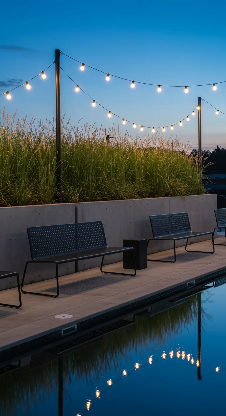 Modern black benches beside a tranquil pool, reflecting string lights at dusk.