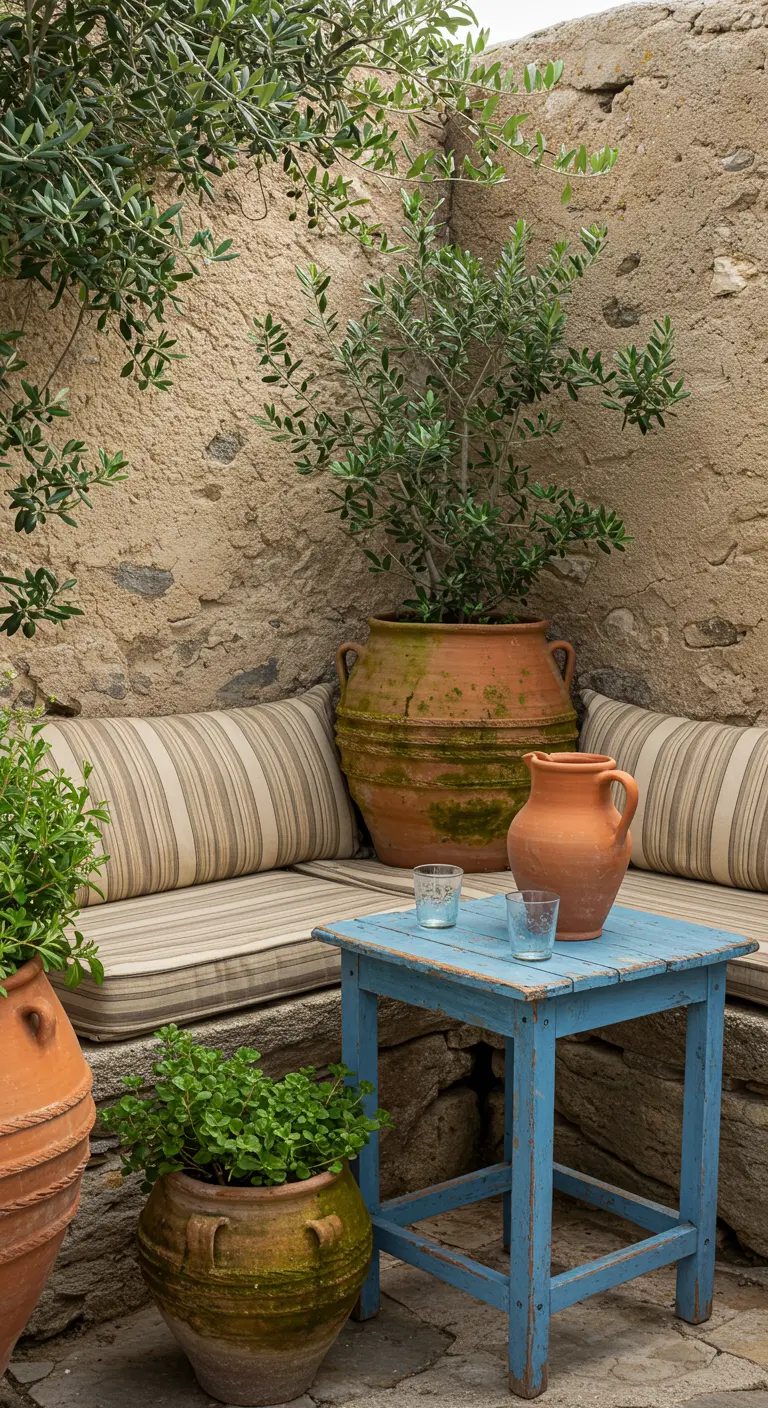 A cozy stone corner nook with a small blue table and weathered terracotta pots.