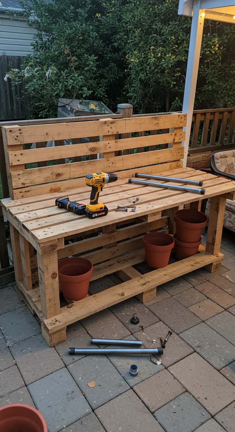 A pallet potting bench under construction on a patio, with a power drill and screws on its surface.