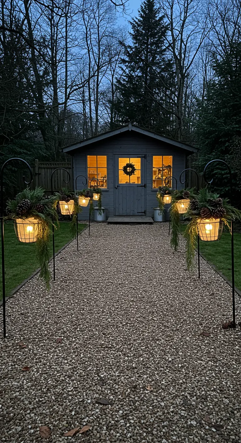 A gravel path leading to a shed, lined with shepherd's hooks holding glowing lanterns.
