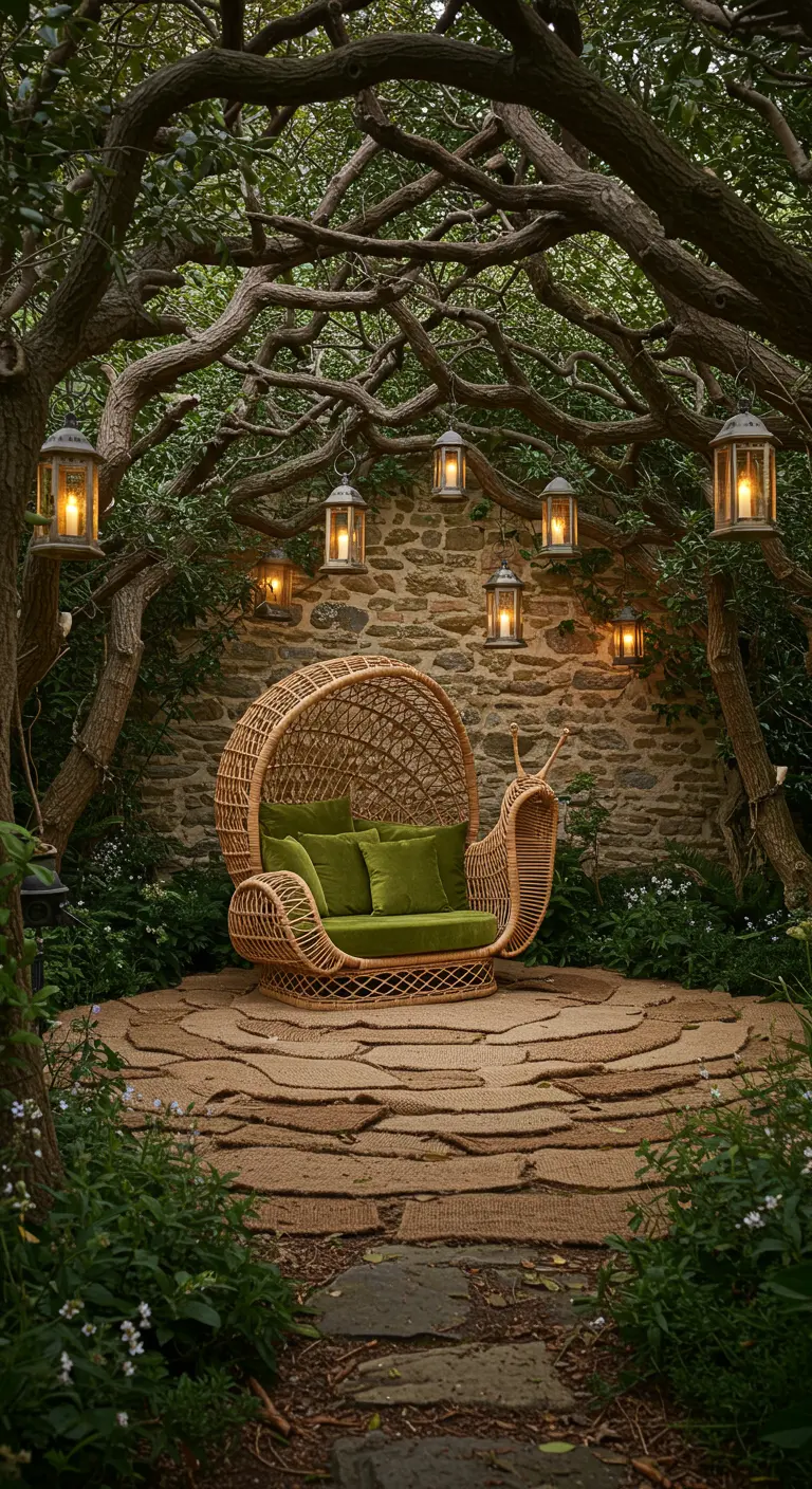 A whimsical snail-shaped rattan loveseat under a canopy of trees and lanterns.