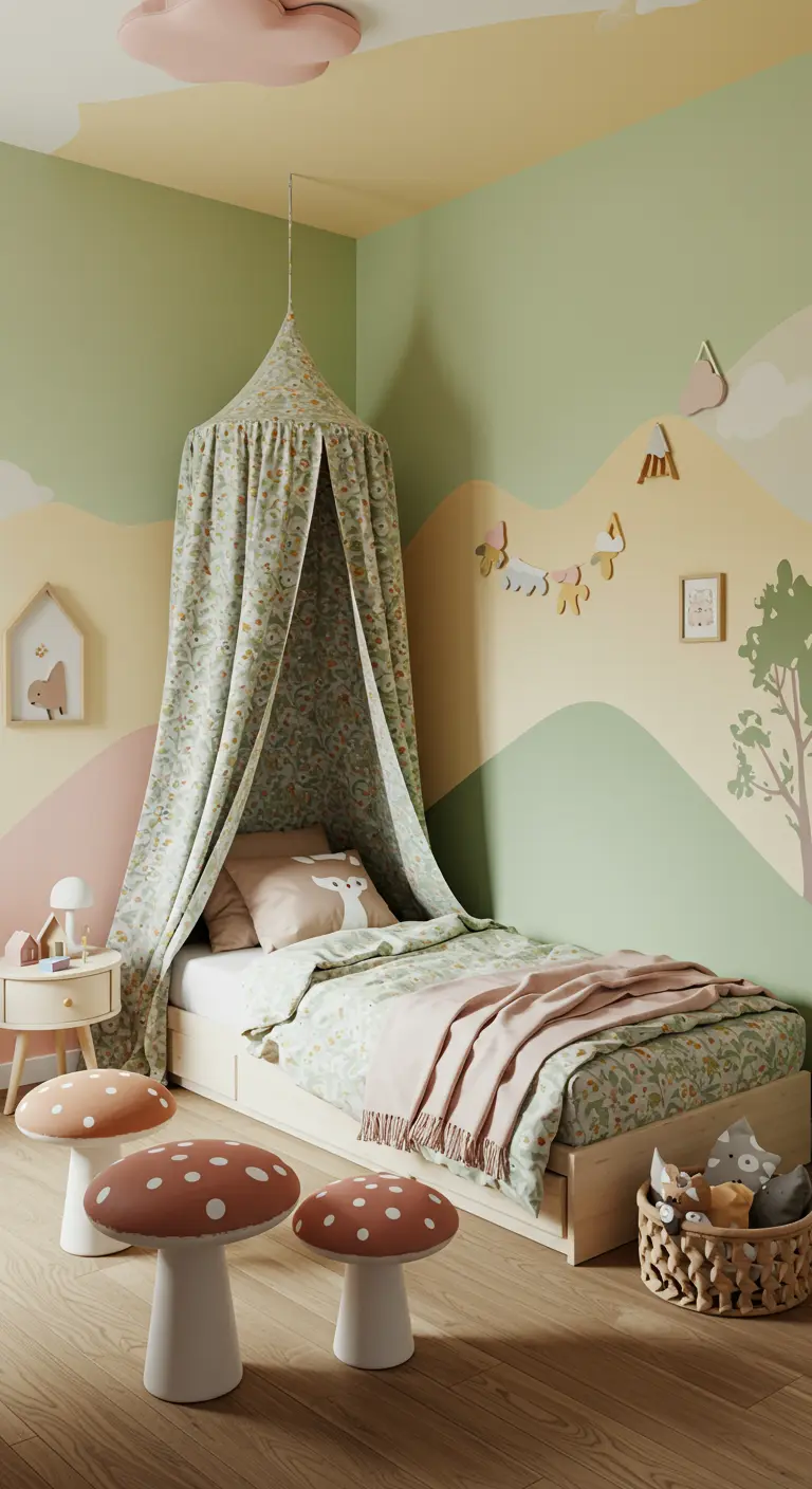 Child's room with a woodland mural, patterned canopy, and mushroom stools.