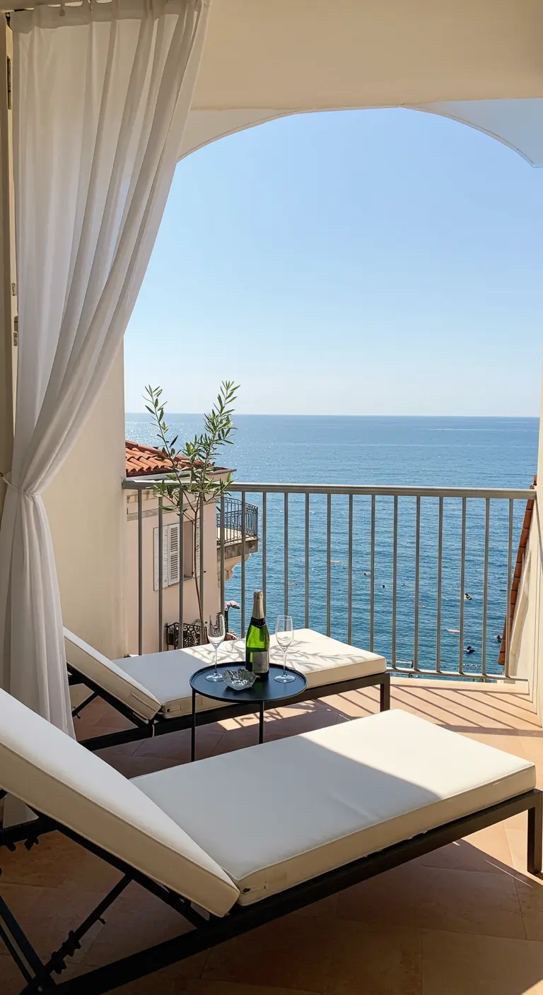 Two white sun loungers on a balcony with a sheer white curtain billowing.