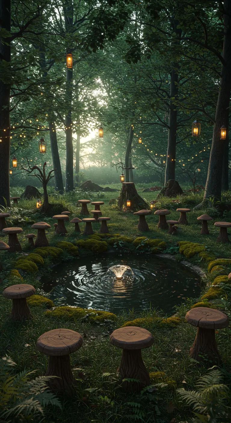 Rustic log stools surrounding a small pond in a forest clearing lit by hanging lanterns.