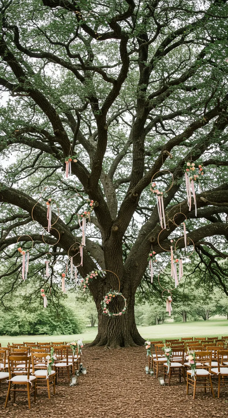 A large oak tree decorated with many small hanging floral hoops with ribbons.