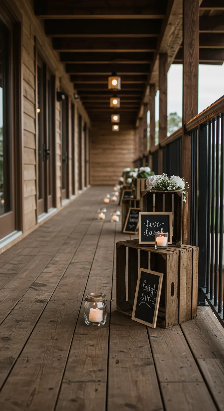 A long wooden porch decorated with repeating vignettes of crates, small chalkboards, flowers, and candles.