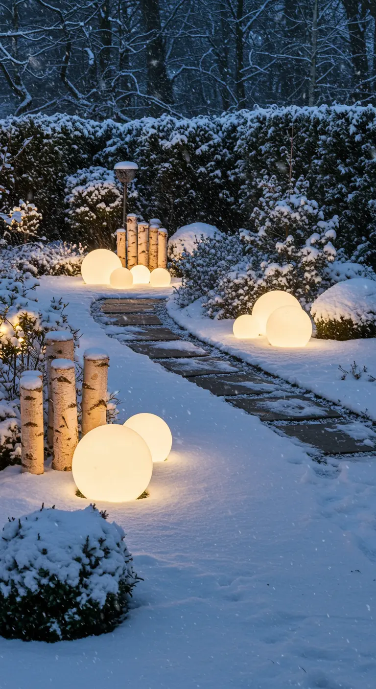 Snowy garden path lined with clusters of glowing orbs and short birch logs.