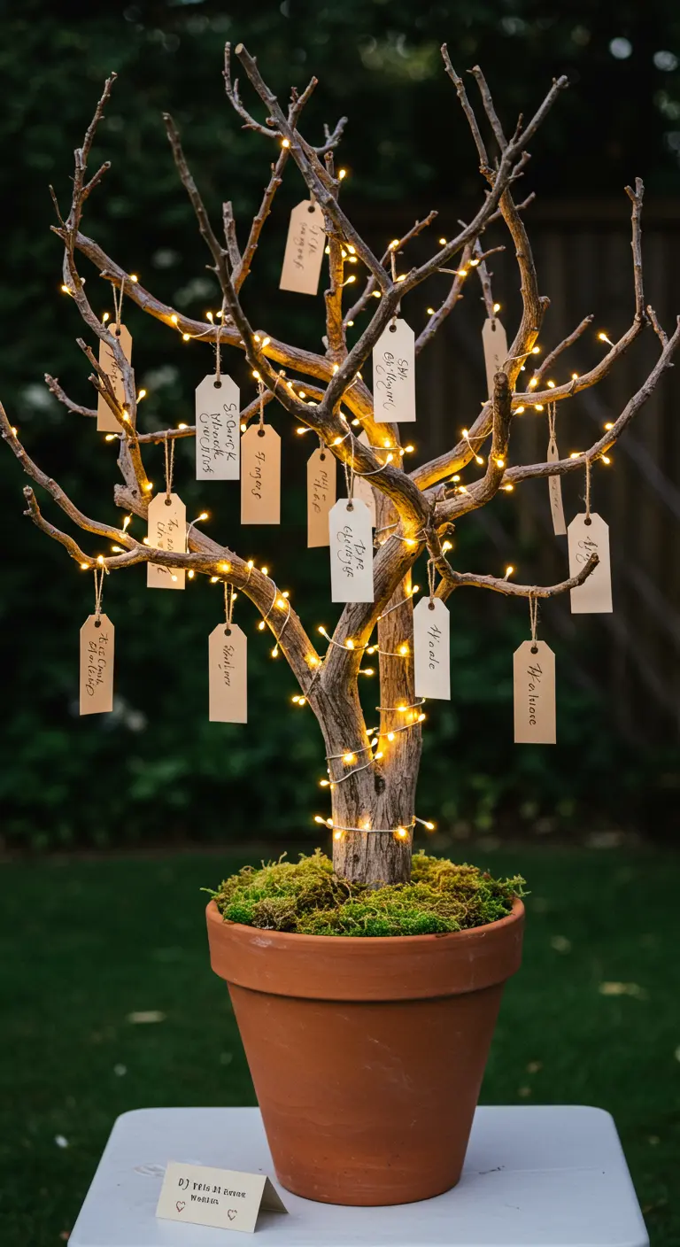Bare branch in a pot decorated with fairy lights and hanging wish tags.