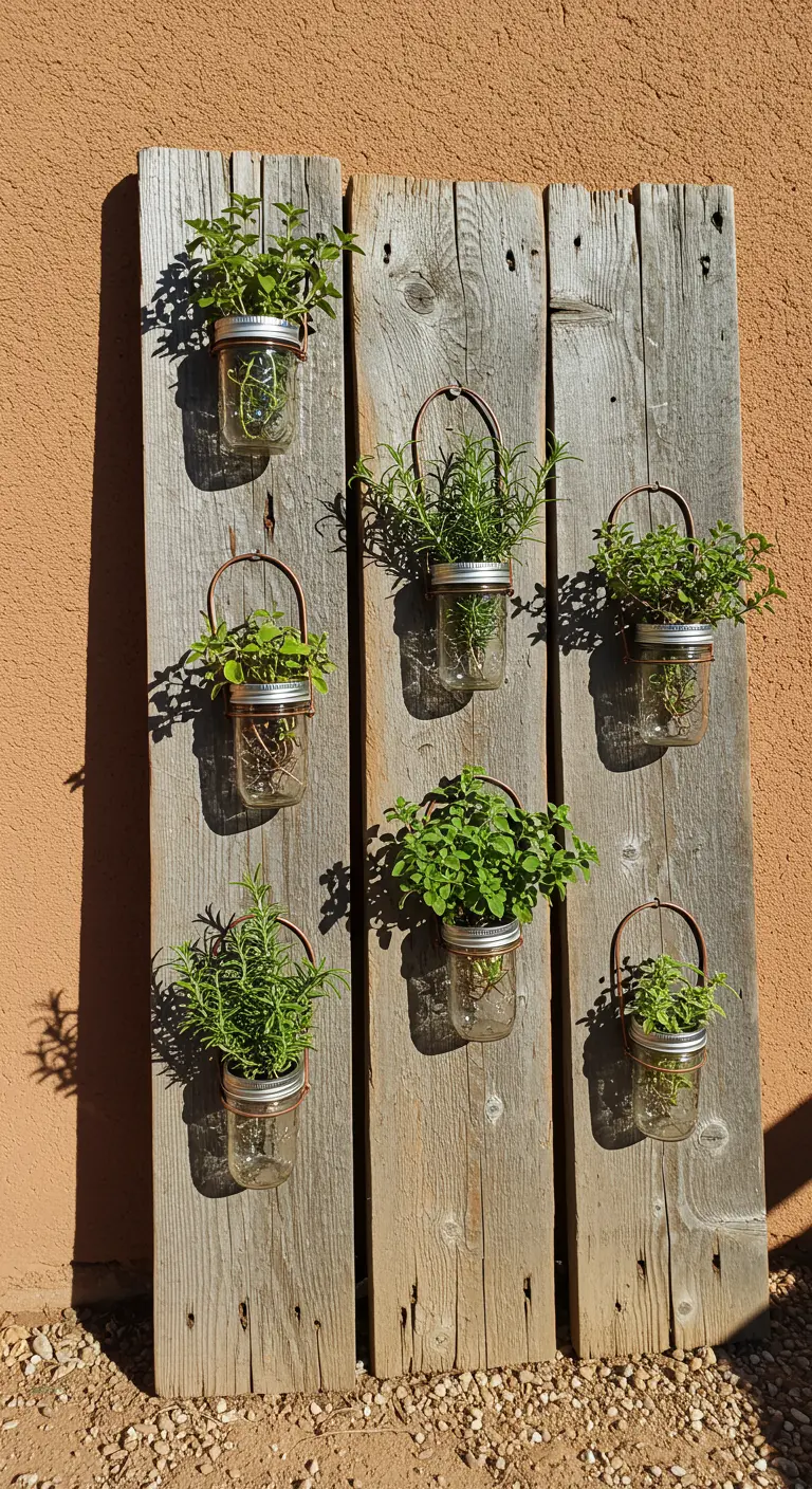 Herbs in mason jars with simple wire hangers are mounted on weathered wood against a terracotta wall.