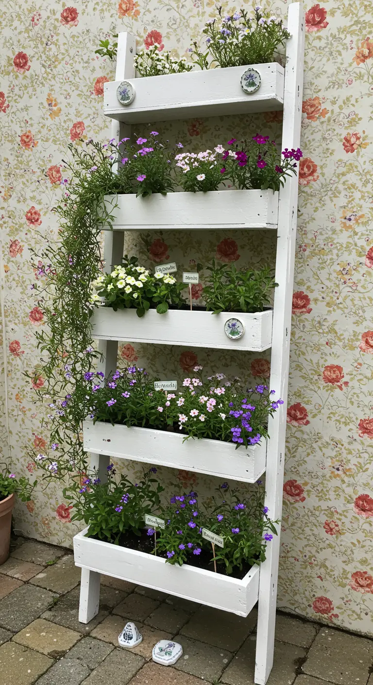 A white ladder converted into a vertical planter with built-in boxes filled with colorful flowers.