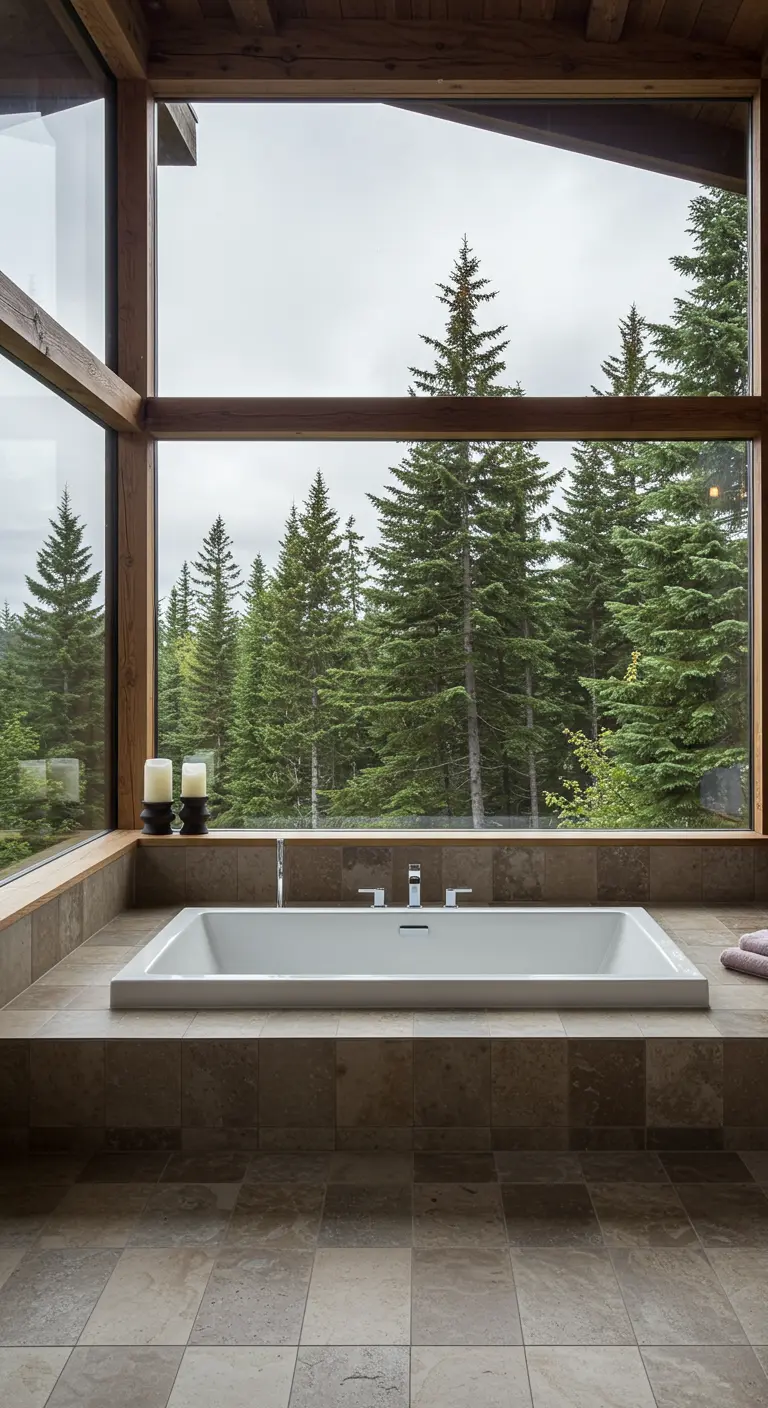 Bathtub set before a large window with a view of a dense pine forest.