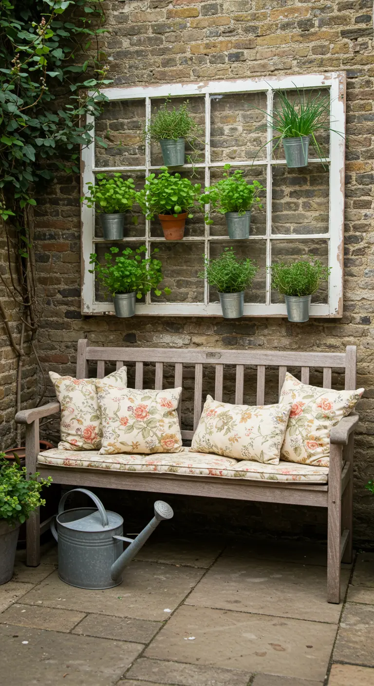 A weathered white window frame mounted on a brick wall holds small pots of herbs above a wooden bench.