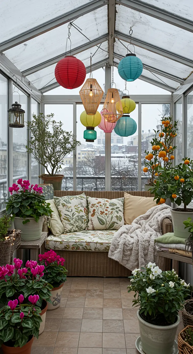 Bright sunroom filled with plants and colorful paper lanterns hanging from the ceiling.