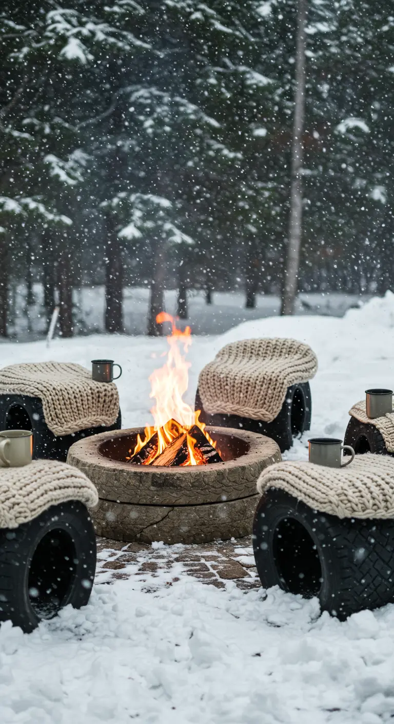 A fire pit in the snow, with tire seats covered in chunky knit blankets.