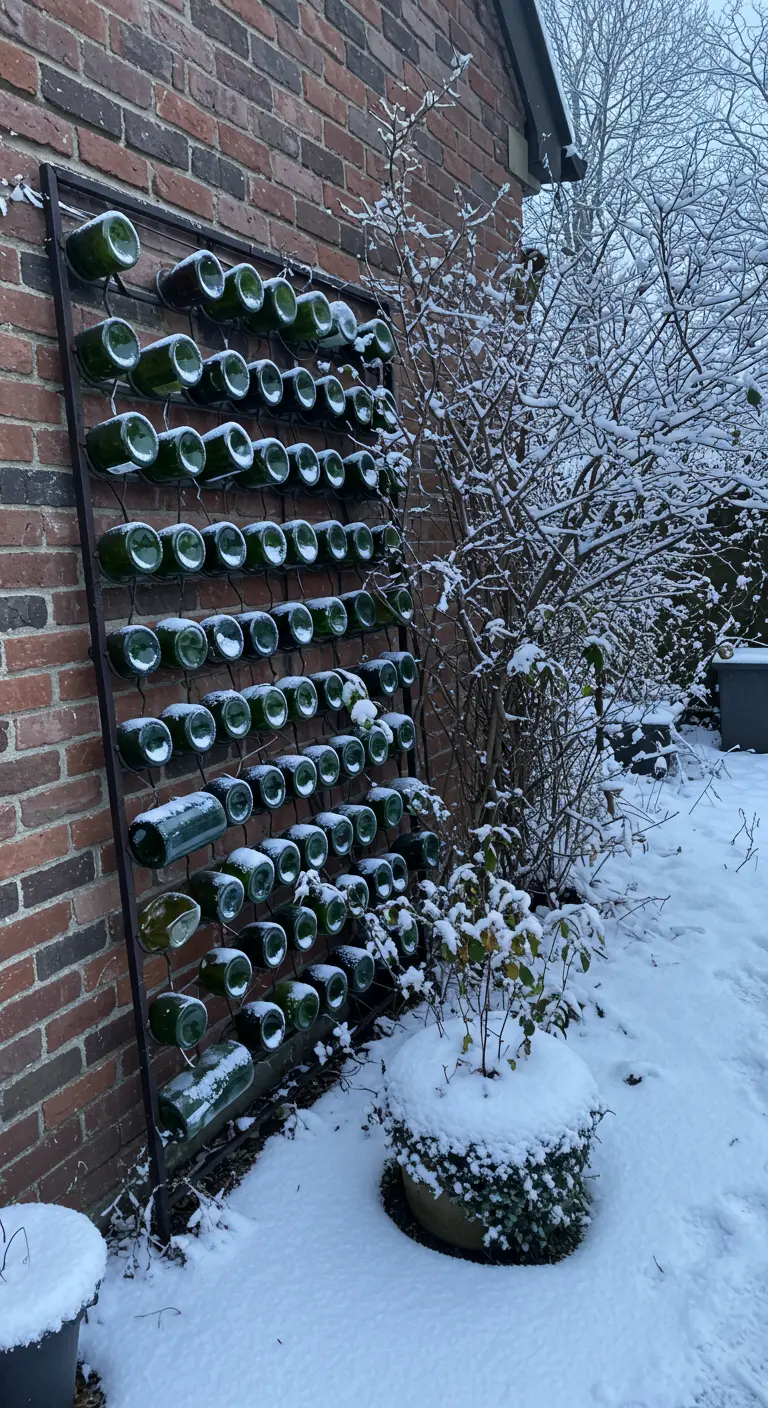 A snow-covered wine bottle garden mounted on a brick wall in winter.
