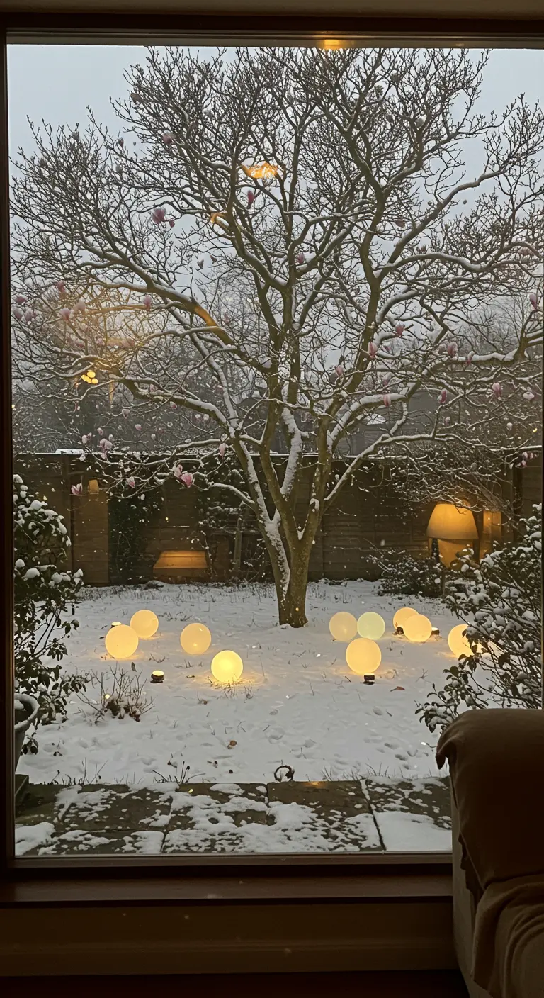 View through a window of a snowy backyard with glowing orbs under a magnolia tree.