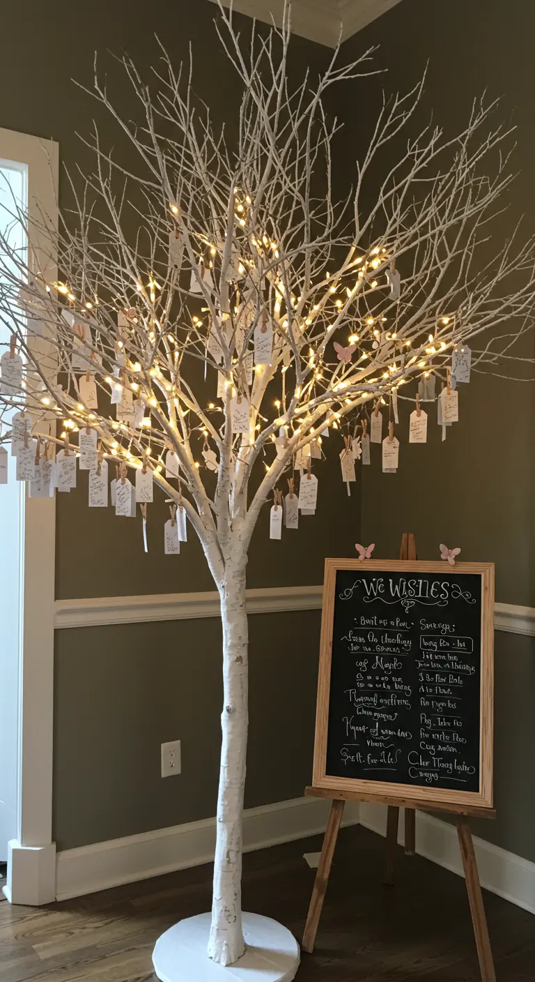 A white tree with fairy lights, used as a wishing tree with tags from guests.