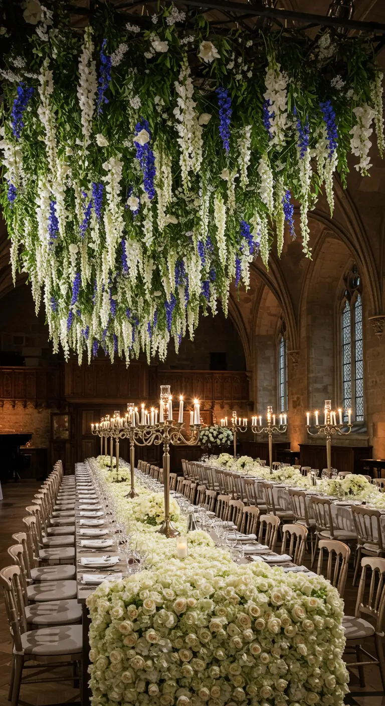 A grand hall with long tables and a massive hanging floral installation of white wisteria.
