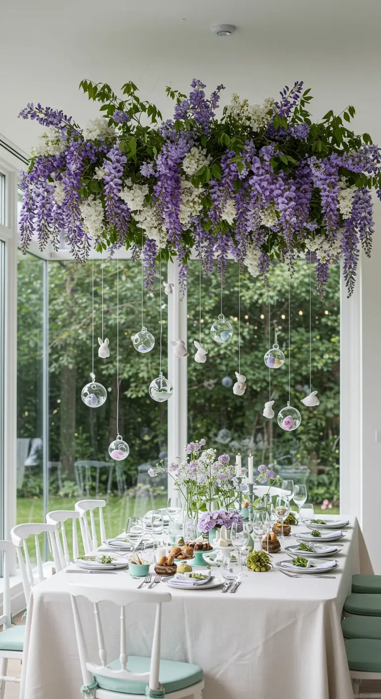 A hanging installation of wisteria and flowers above an Easter dining table.