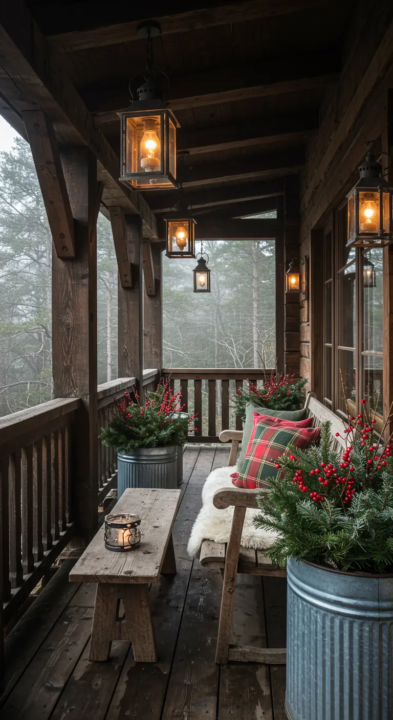 Rustic wooden porch with a bench, plaid cushions, and evergreen planters in the fog.