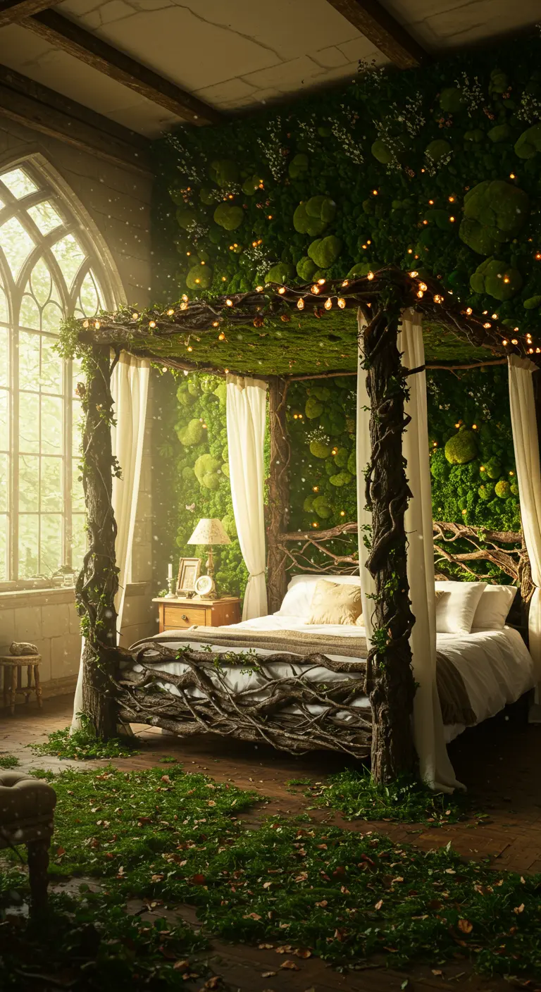 A romantic bedroom with a four-poster bed made of branches and a wall covered in lush green moss.