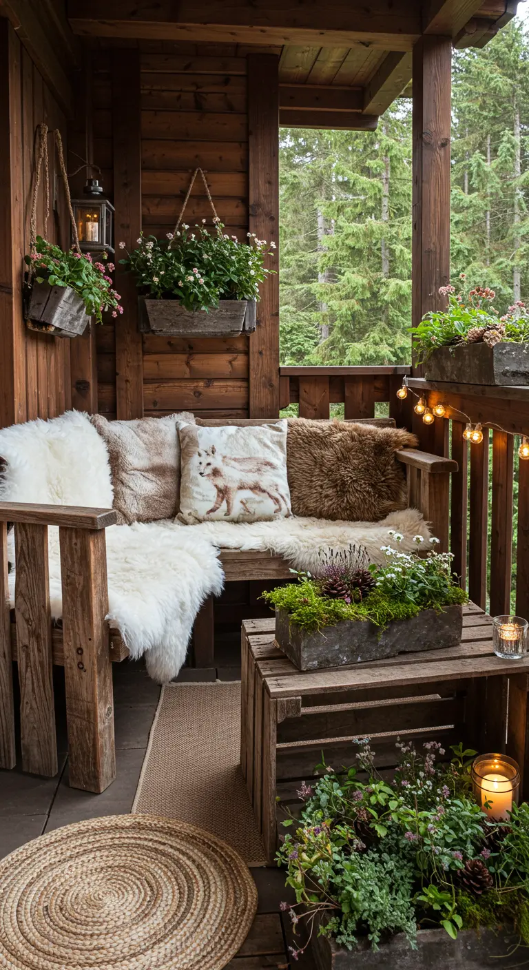 A rustic wooden bench on a balcony with mossy planters and woodland-themed pillows.