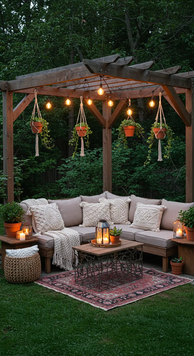 A cozy pergola with a sectional sofa, macrame pillows, and hanging plants under Edison lights.