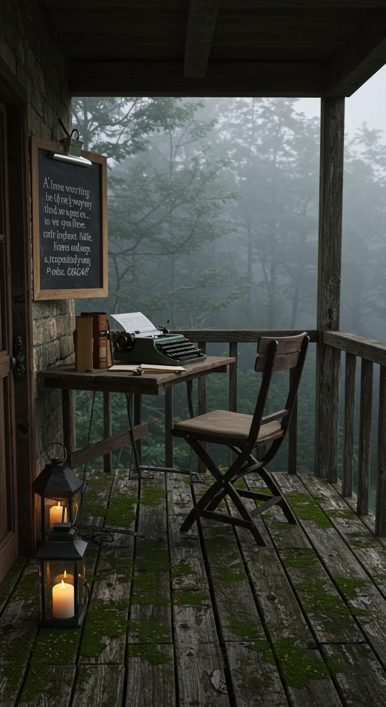 A writer's desk on a foggy, mossy porch with a vintage typewriter and a hanging chalkboard with a poem.