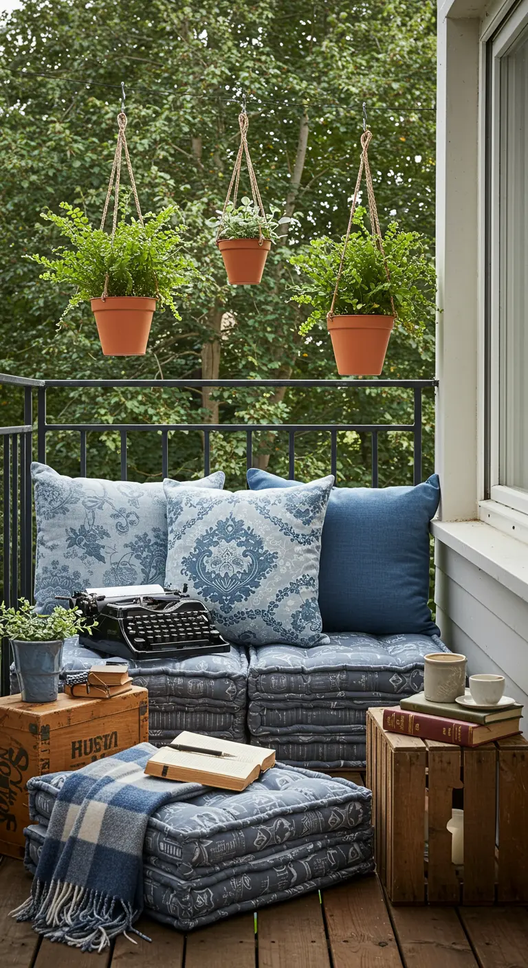 A balcony with blue and white patterned cushions, a vintage typewriter, and ferns in terracotta pots.
