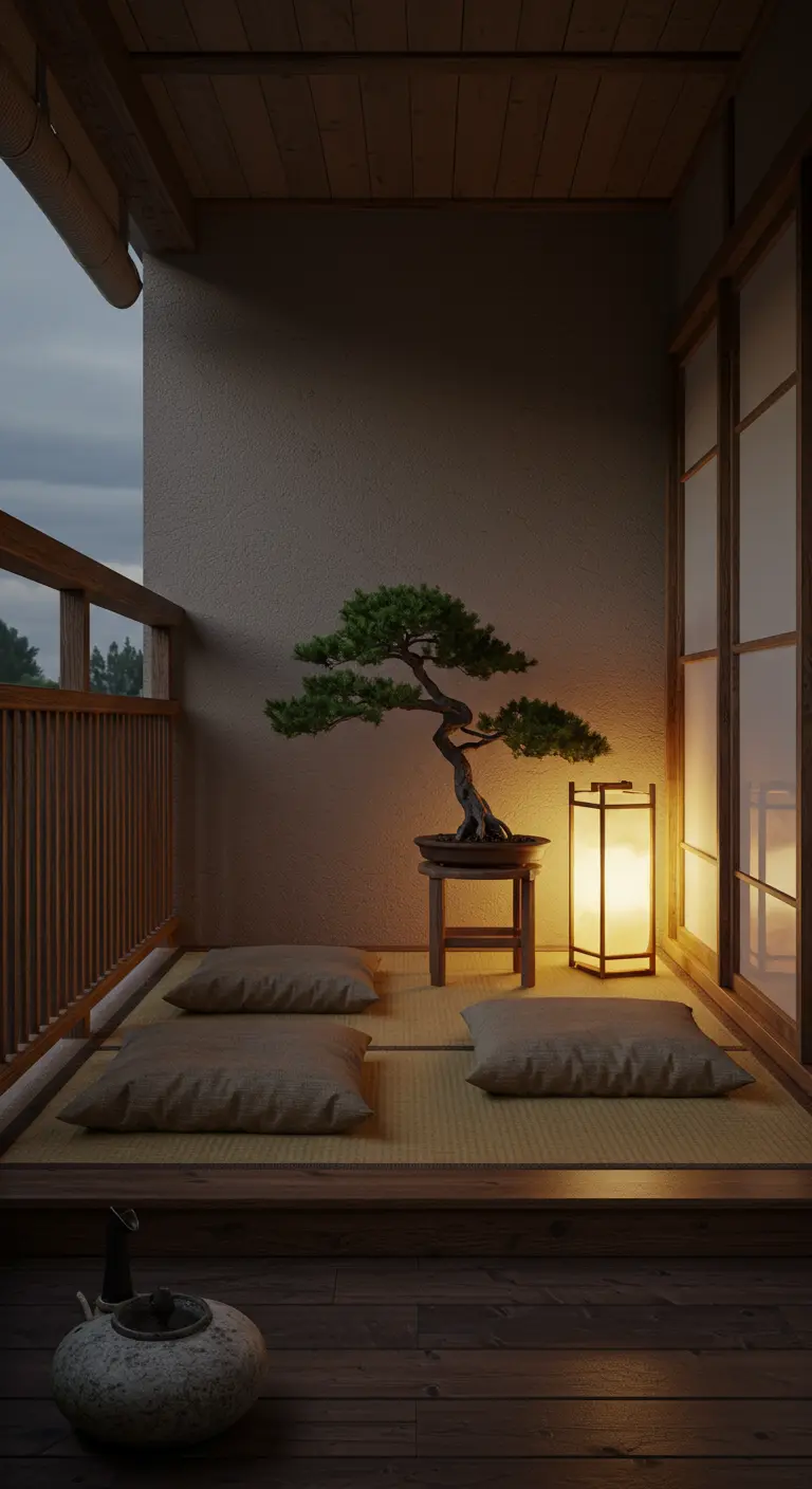 A serene, Japanese-inspired balcony with floor cushions, a bonsai tree, and a paper lantern.