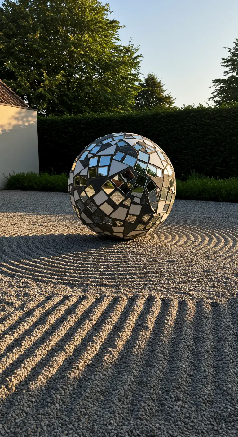 Large mosaic mirror ball on raked gravel, casting long shadows at sunset.