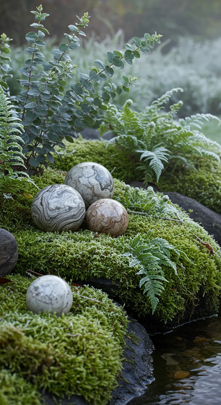 Marbled stone spheres nestled amongst moss and frosted ferns by the water.