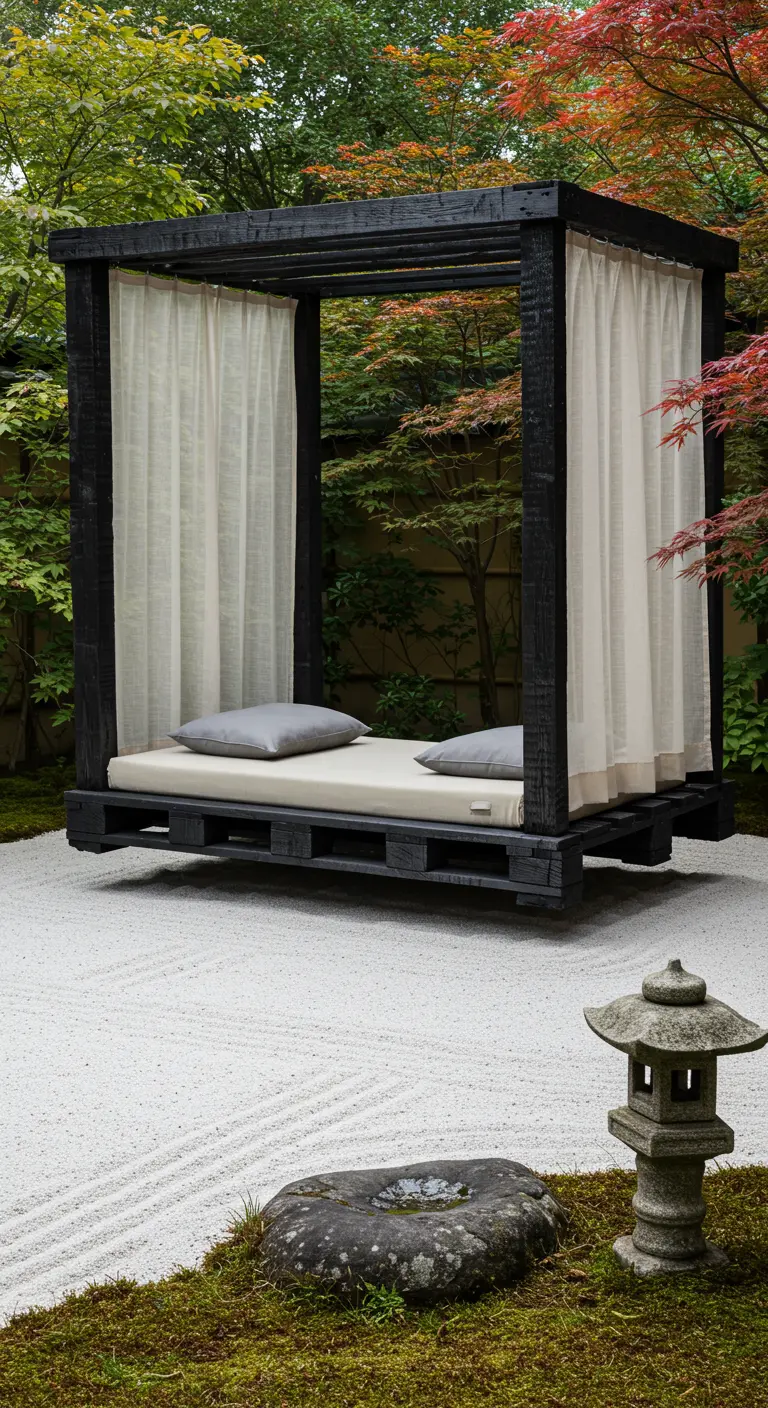 Black-stained pallet swing bed in a Japanese zen garden with gray cushions.