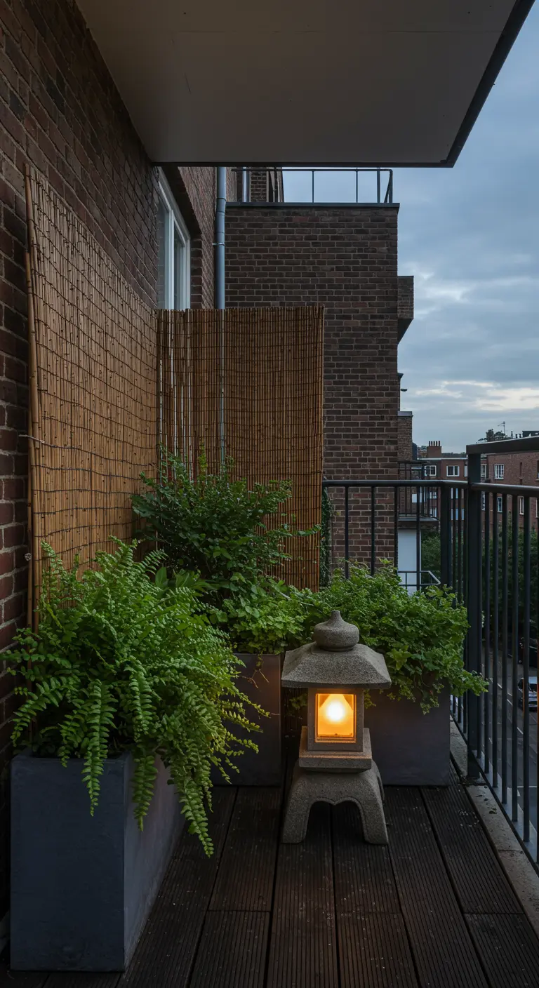 A serene balcony corner at dusk with a bamboo screen, ferns, and a glowing stone lantern.