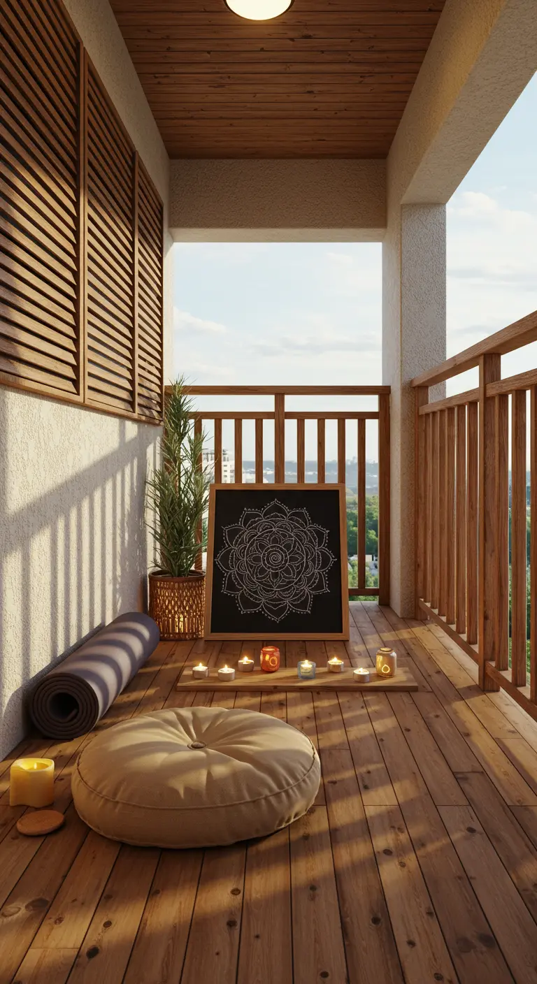 A serene balcony meditation space with a floor cushion, yoga mat, and a chalkboard with a hand-drawn mandala.