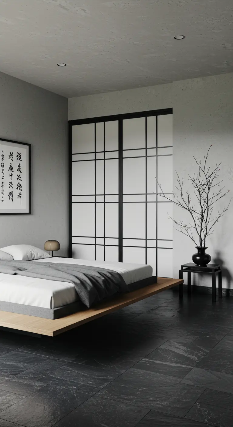 Minimalist bedroom with a low platform bed, black slate floor, and Japanese-style screen doors.