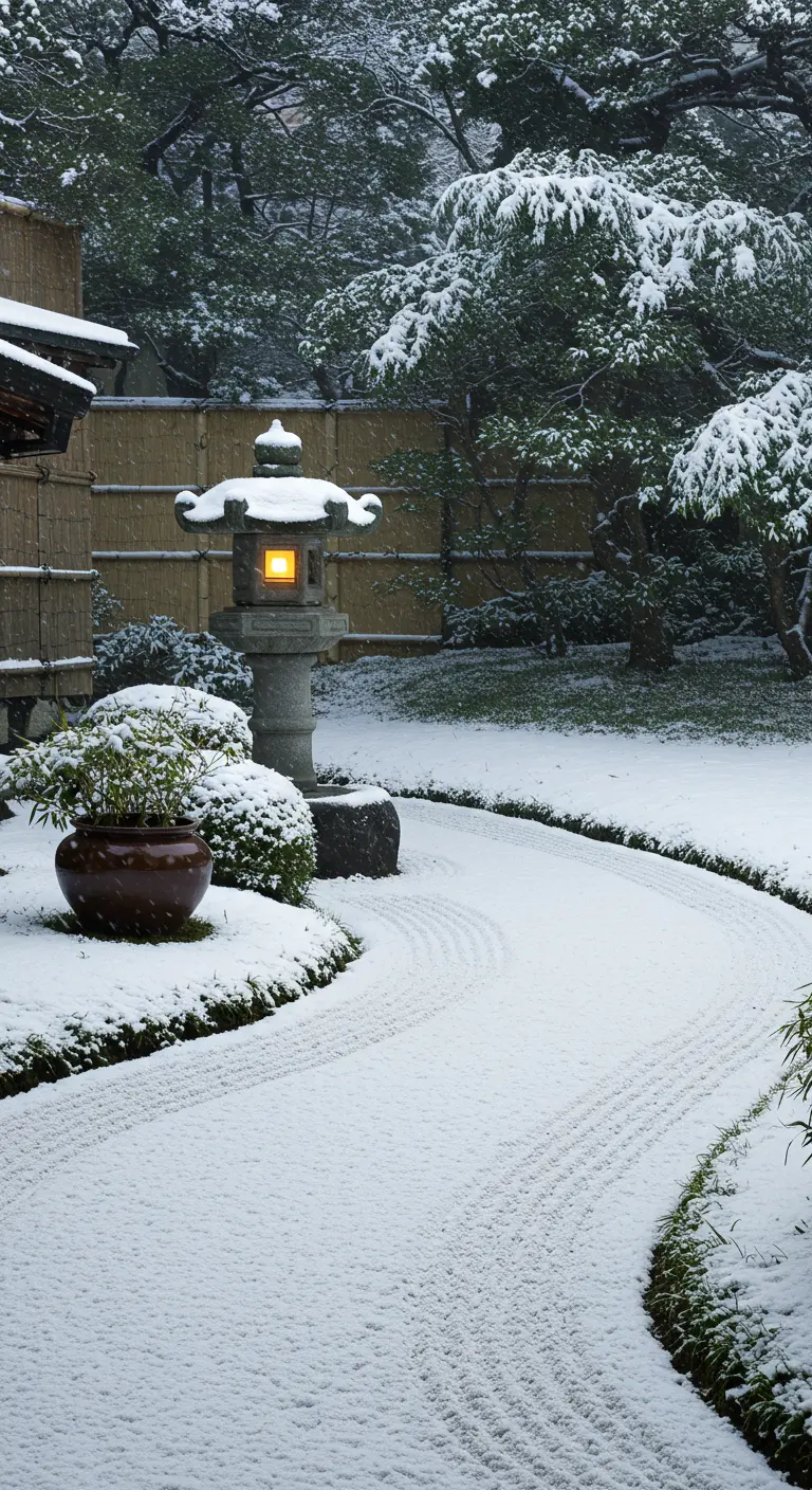 A Japanese garden in the snow with a lit stone lantern and carefully raked snow path.