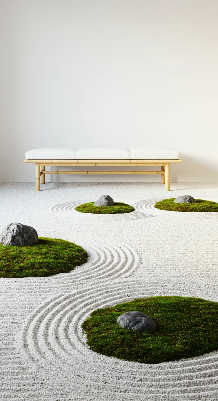A bamboo bench with a white cushion in a minimalist zen garden with sand and moss.