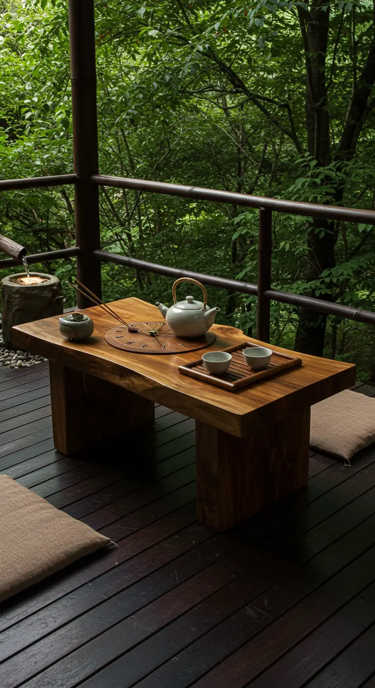 A low, rectangular wood slice table on a deck in a lush green garden, set for a tea ceremony.