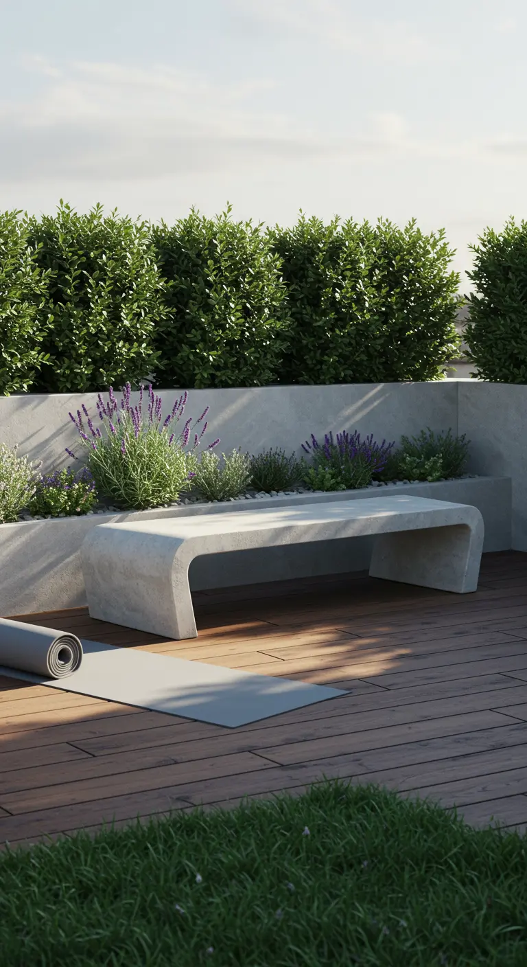 A smooth, curved concrete bench on a wooden deck next to a yoga mat, with lavender in the planter.