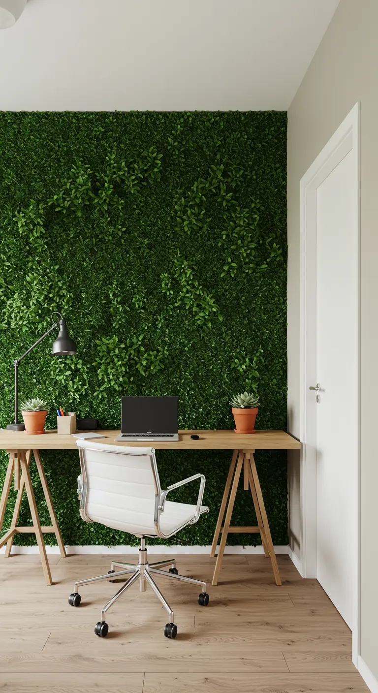 Minimalist home office with a desk set against a full wall of faux green foliage.