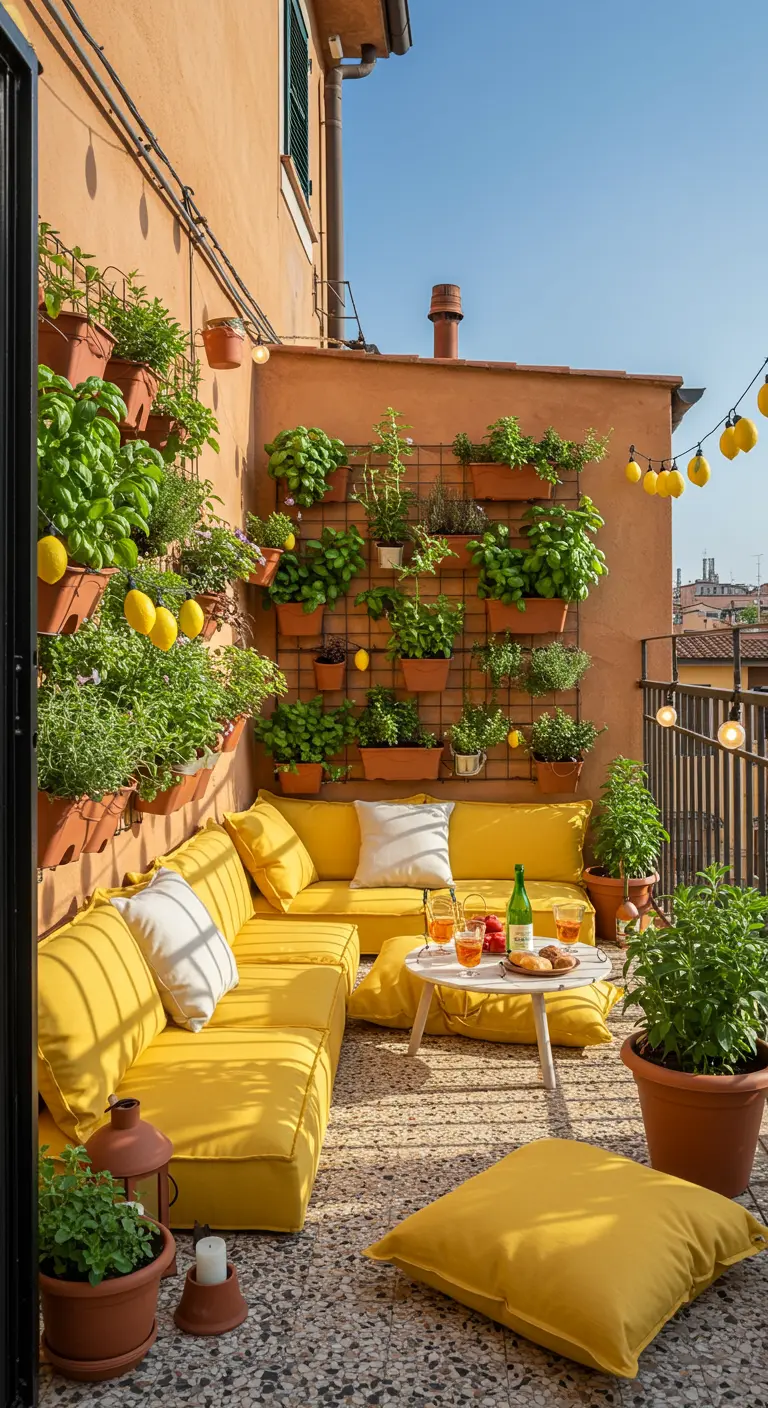 A sunny balcony with bright yellow sofas, and a wall garden of herbs and lemon trees.