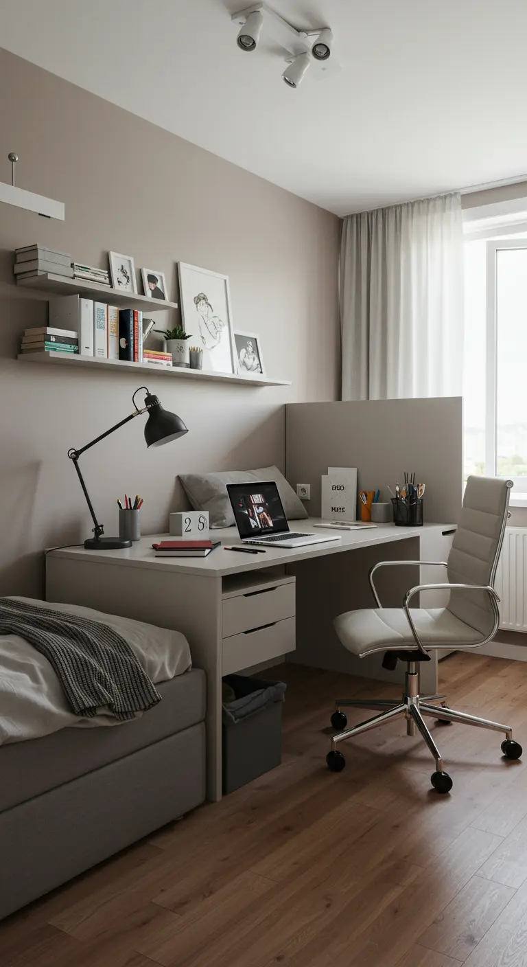 A desk and chair positioned at the foot of a bed, creating a separate work area.