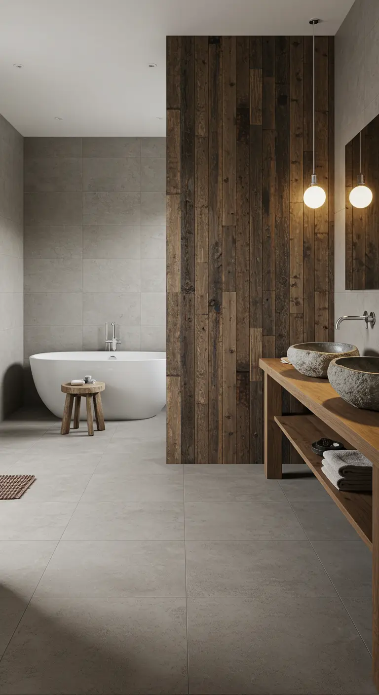 Bathroom with a reclaimed wood wall partitioning the vanity from the tub area.