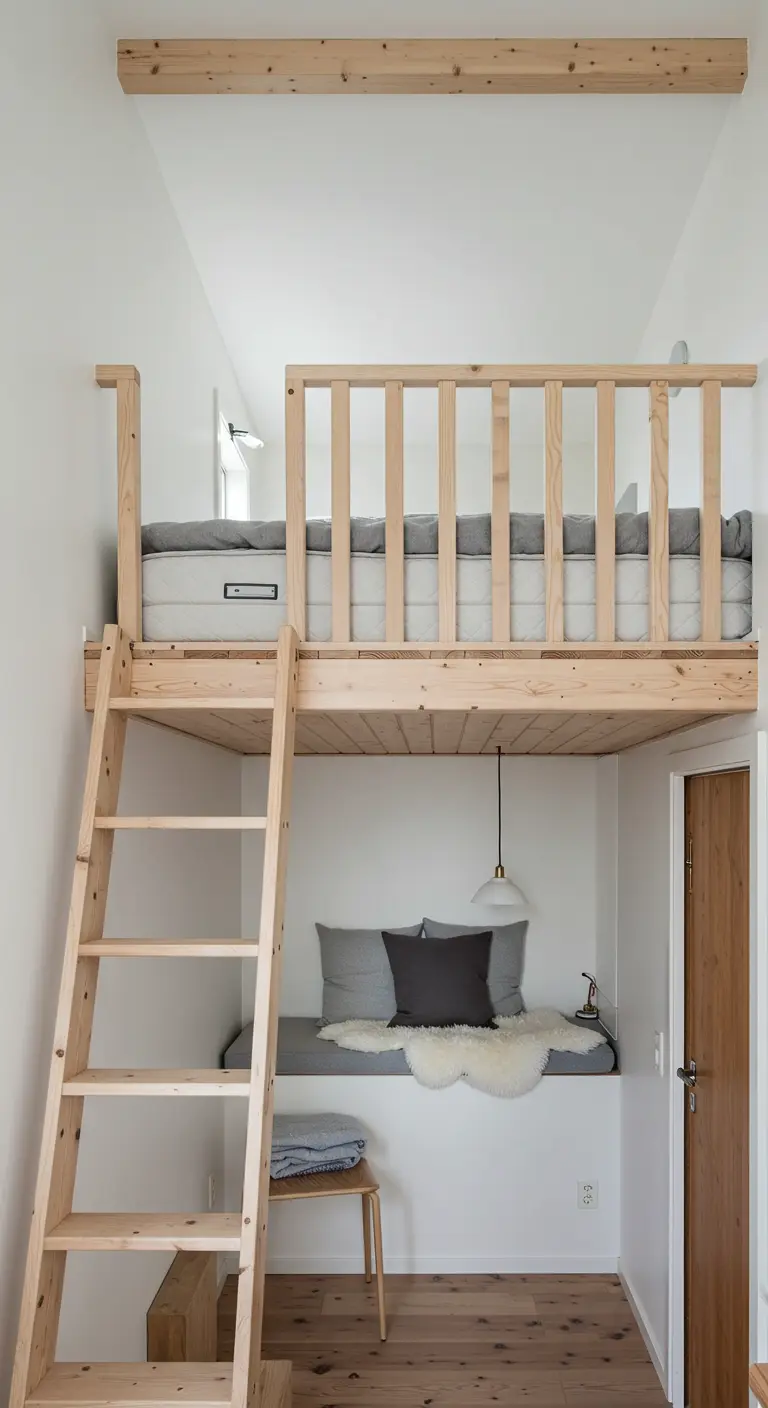A light wood loft bed with a cozy reading nook situated underneath.