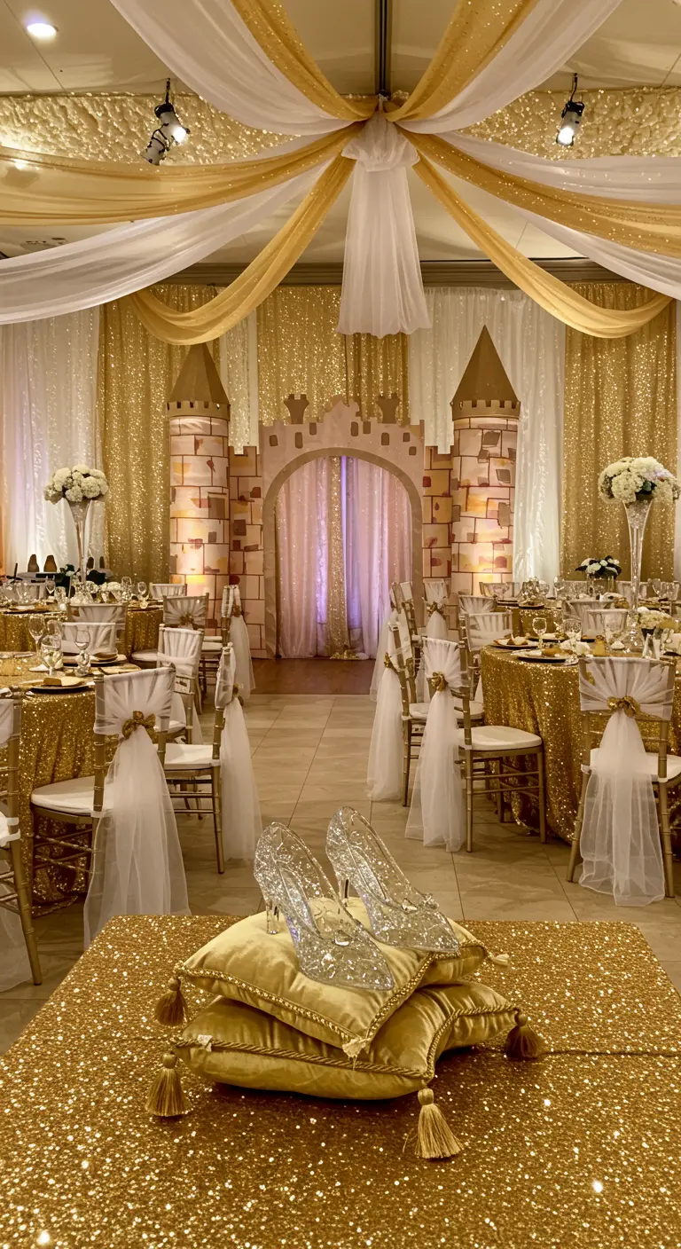 A Cinderella-themed party with a cardboard castle entrance and gold decor.