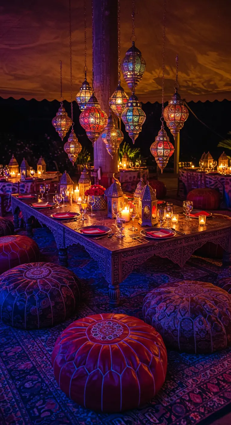 A low Moroccan-style table surrounded by poufs and illuminated by hanging colored lanterns.