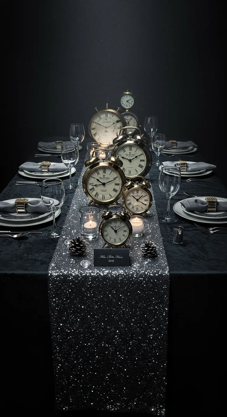 A dark, moody table with a silver sequin runner and a centerpiece made of vintage clocks.