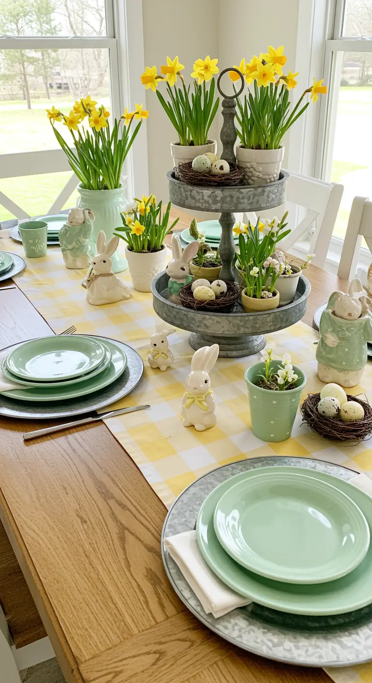 Spring table with a tiered galvanized tray holding potted daffodils and ceramic bunnies.